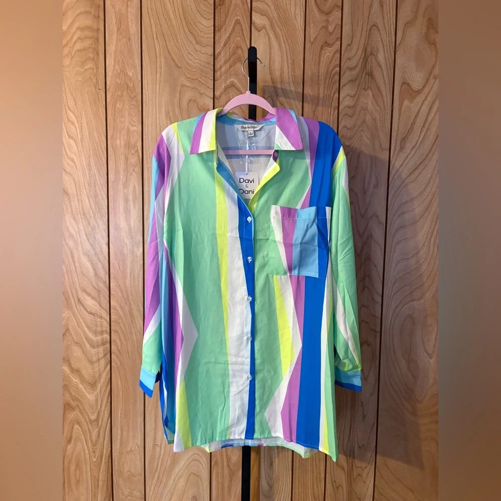Davi & Dani Striped Button Front Tunic Top Cover Up - Picture 1 of 3